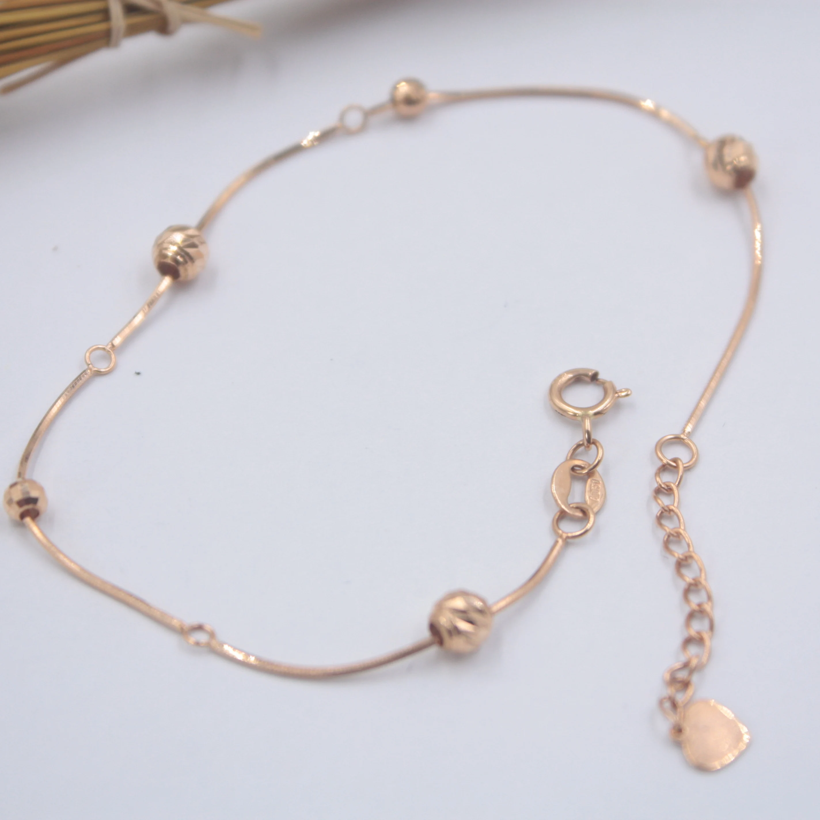 

Real 18K Rose Gold Bracelet Woman's Simple Carved Beads Snake Gift Link 7.5''L
