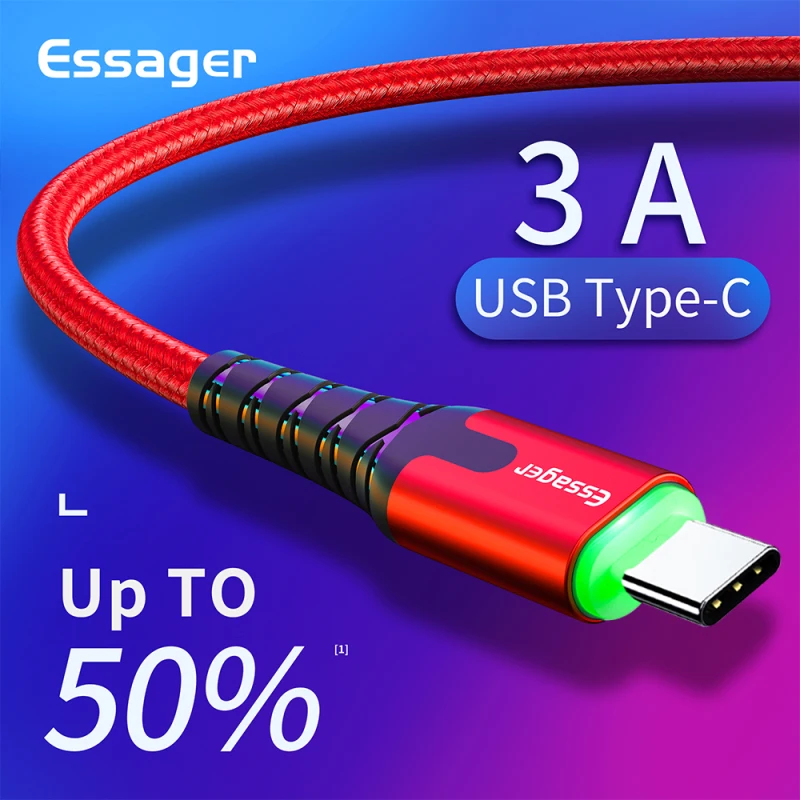 Essager светодиодный кабель usb type C 3 м кабель для быстрой зарядки кабель usbc для Xiaomi K20 samsung Oneplus 7 Pro мобильный телефон USB-C зарядное устройство