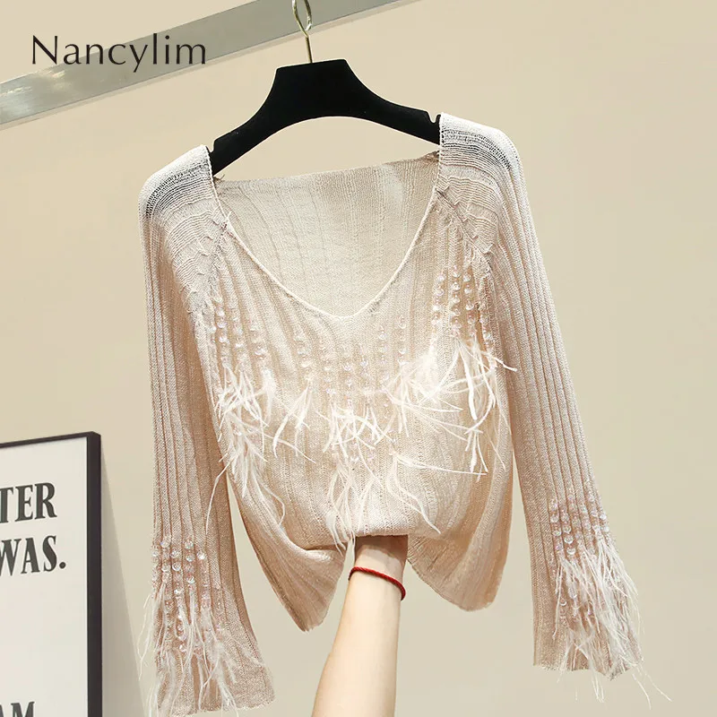 

European Style Loose Knitting Blusas Knitted Sweater Low V Collar Feather Tassel Sweater Female Lady Loose Outwear Jumpers Femme