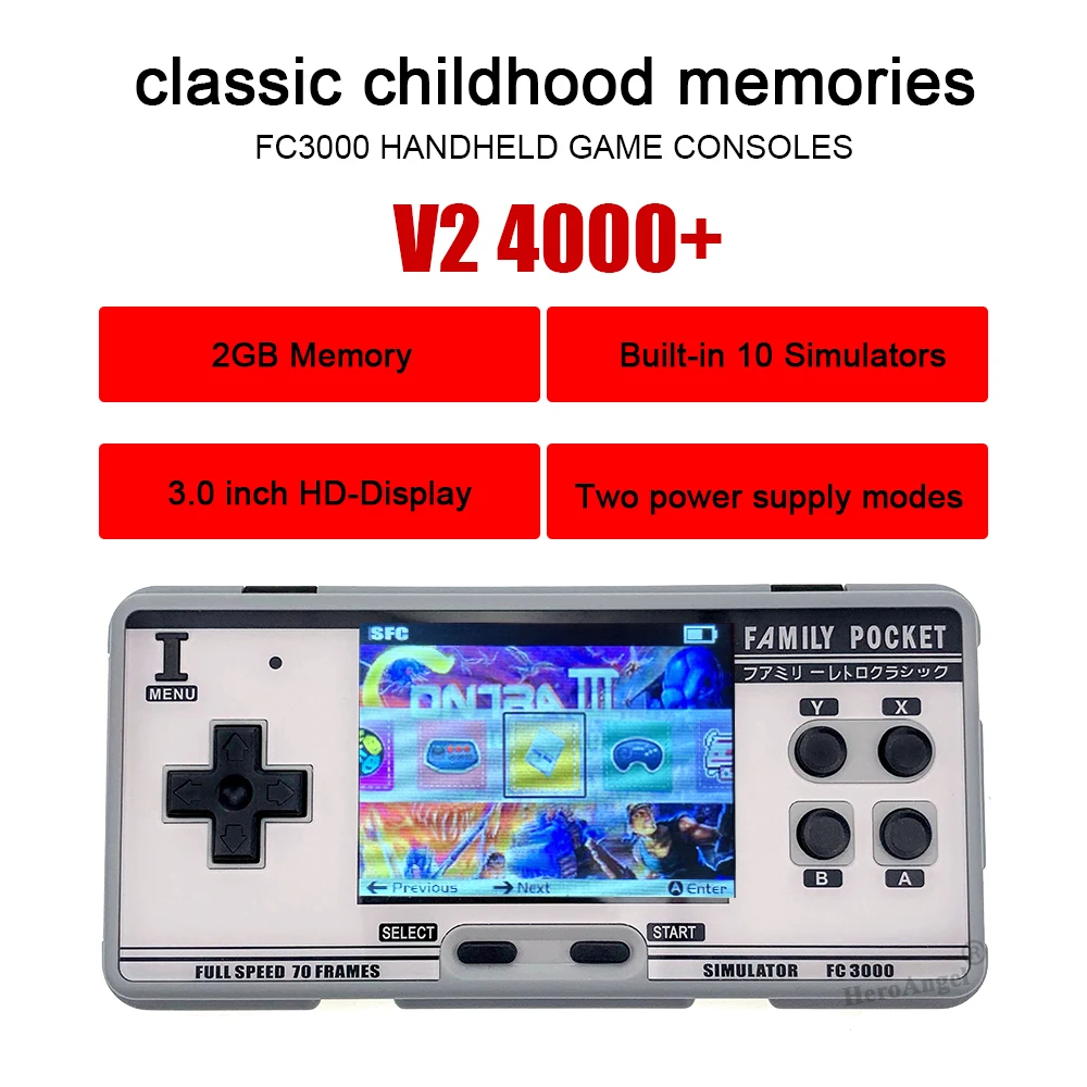 Newest Family Pocket FC3000 V2 Classic Handheld Game Console 4000+ Games 3 Inch IPS Screen TV Output Portable Video Game Console 