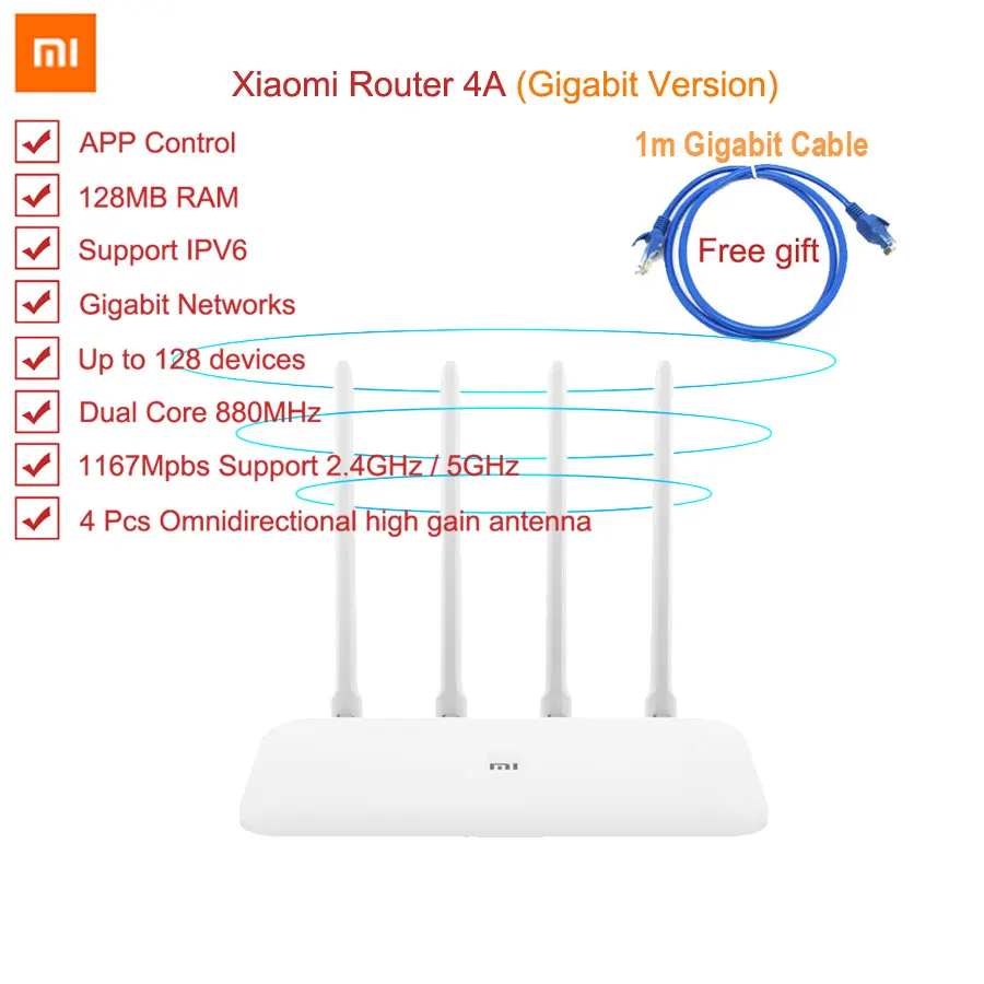 

Xiaomi Router 4A WiFi Router Gigabit Edition Mi Dual Band 2.4GHz 5GHz Dual-Band High Gain 4 Antenna HomeOffice APP IPv6 802.11ac