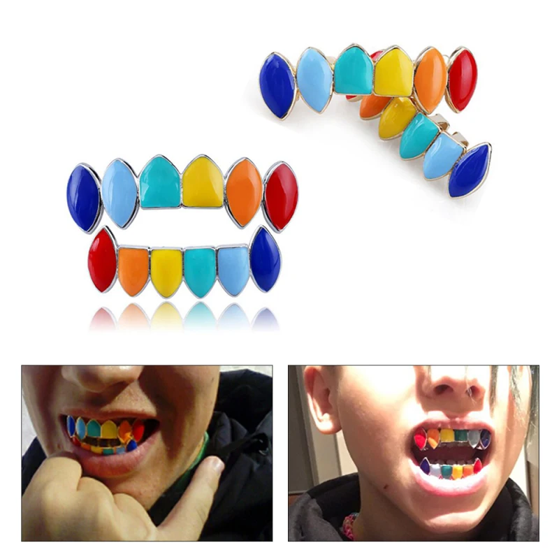 

1Set Colorful Hip Hop Fangs Teeth Grillz Top Bottom Gold Silver Color Grills Dental Halloween Vampire Teeth Grillz Set Gifts