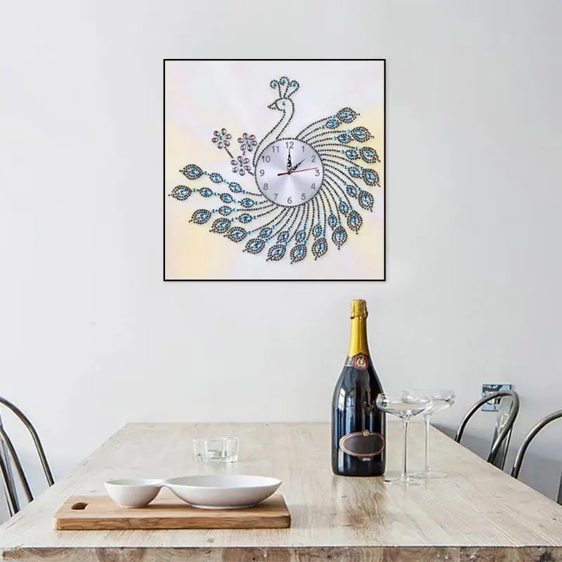 DIY Wall Clock Peafowl Special Shaped Diamond Painting Clock Diamond Embroidery Peacock Quartz of Rhinestone Home Decoration