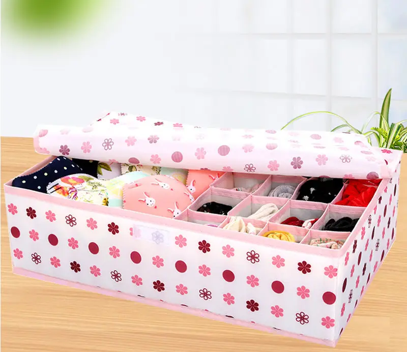 Складной ящик для хранения нижнего белья коробки для хранения в горошек для галстуков носки контейнер складной ящик делитель 17 сетки с крышкой Органайзер - Цвет: Pink Lily