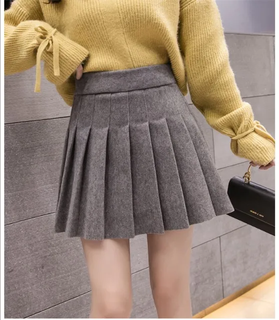 Осень Зима шерстяные женские юбки с высокой талией трапециевидной формы плиссированные мини-юбки корейский консервативный стиль Saias женский - Цвет: Gray