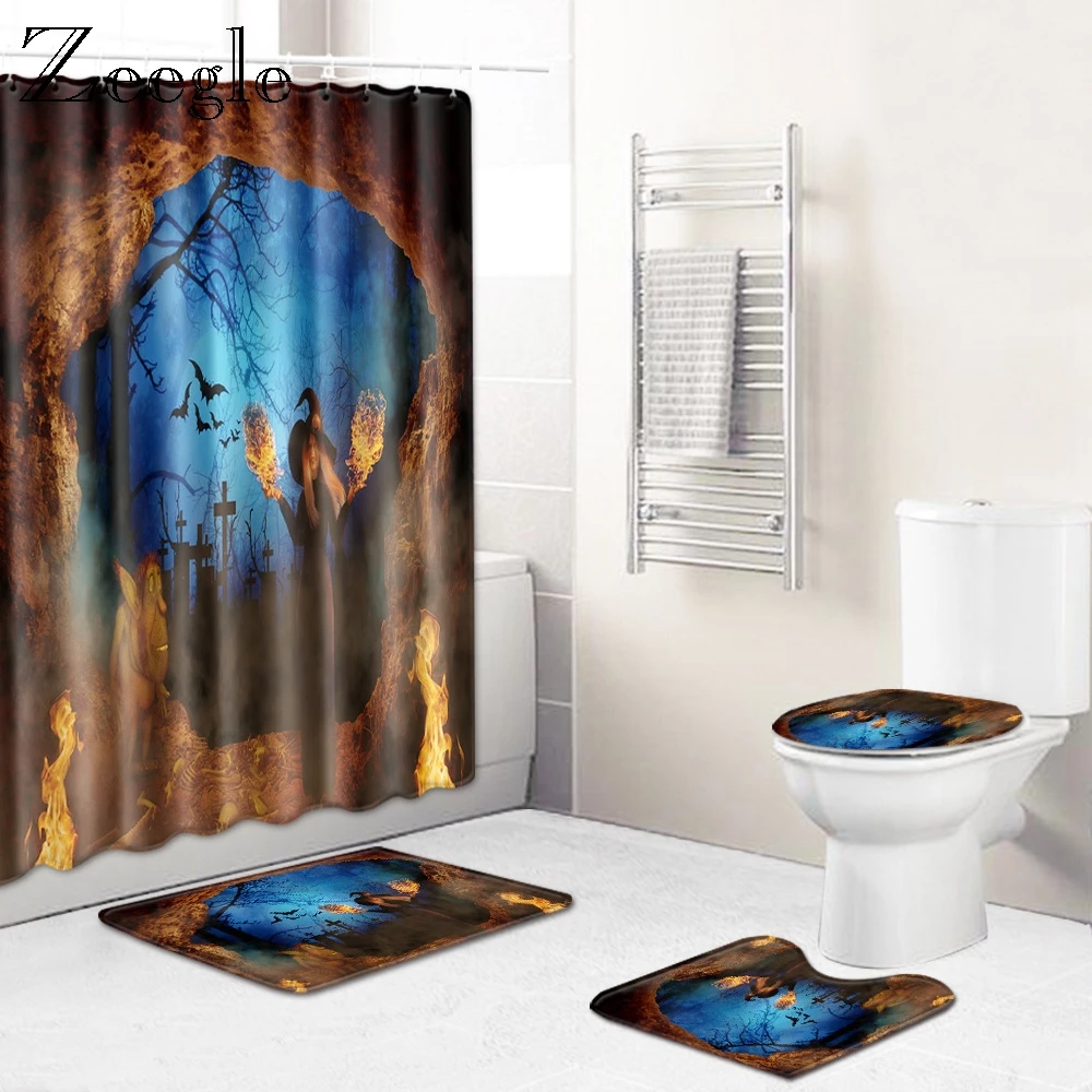 Zeegle Halloween Mat for Bathroom Decoration 4pcs Bath Mat Set Toilet Seat Cover Waterproof Toilet Shower Curtain with Hooks