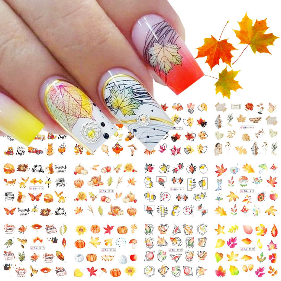 12pcs Fall Leaves Nail Art Stickers Animal Cartoon Water Slider Abstract  Nail Decals Autumn Flowers Decor Manicure Trbn1909-1920 - Stickers & Decals  - AliExpress