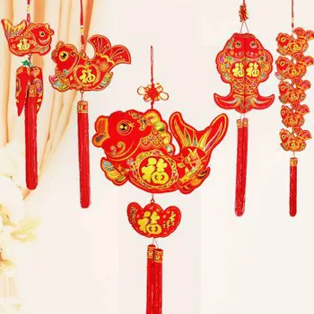 

2020 Chinese Knot Pendant Living Room Fu Fish Hanging Parts New Year Decoration Flannelette Sequins Blessing Lucky Fish