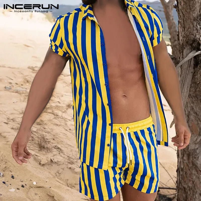 Shorts Men-Sets Drawstring Streetwear INCERUN Man Summer 2pieces Striped-Suits Fashion