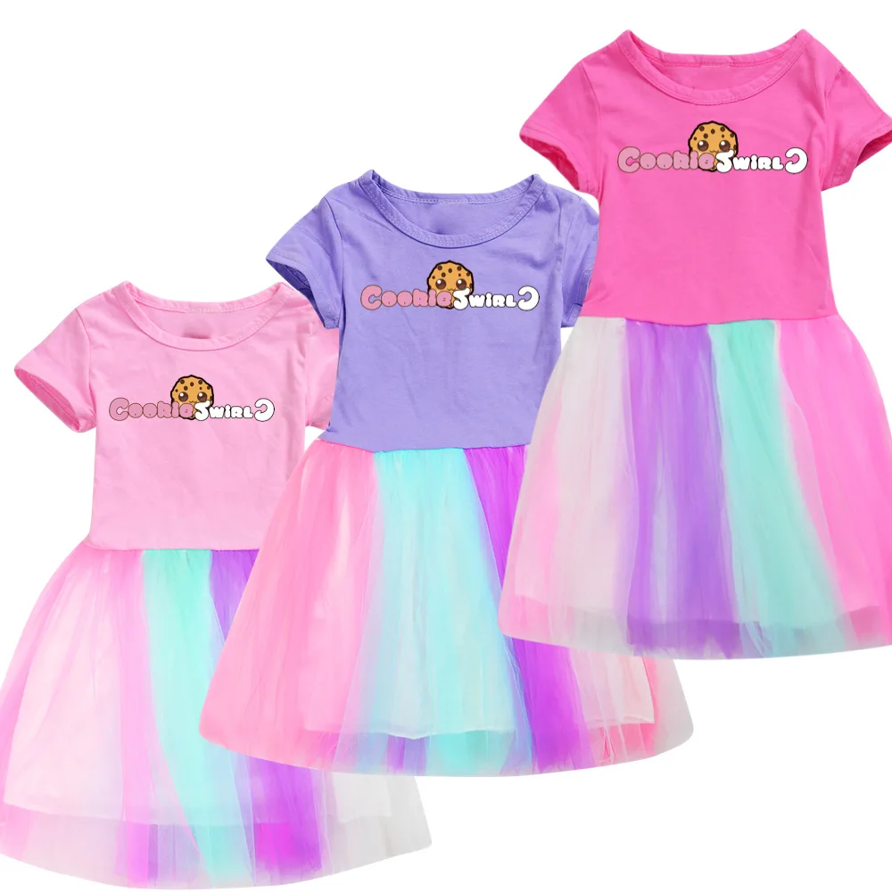Toddler Summer Girls Cookie Swirl C Dress short Sleeve Kids Dress Patchwork Girls Party Vestidos Rainbow Cartoon Child Dress
