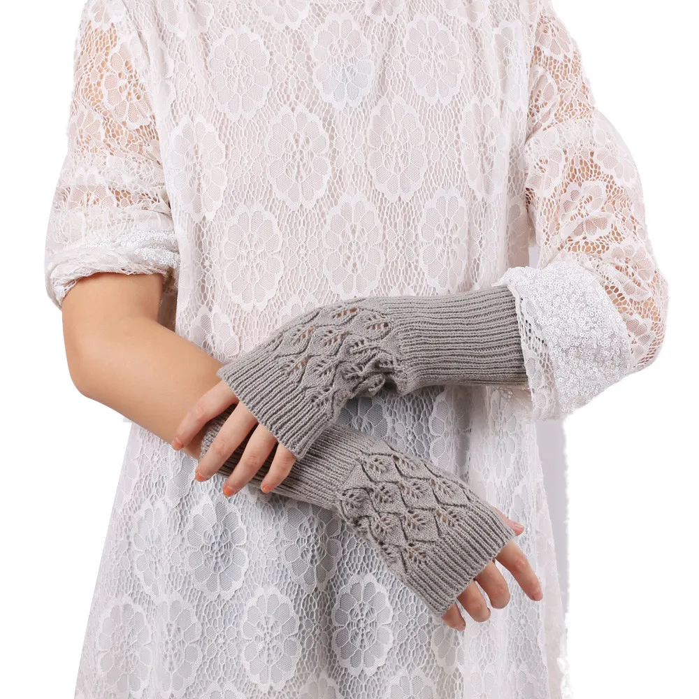 Вязаные перчатки с вырезами и листьями, зимние теплые толстые длинные перчатки без пальцев, однотонные удобные женские перчатки