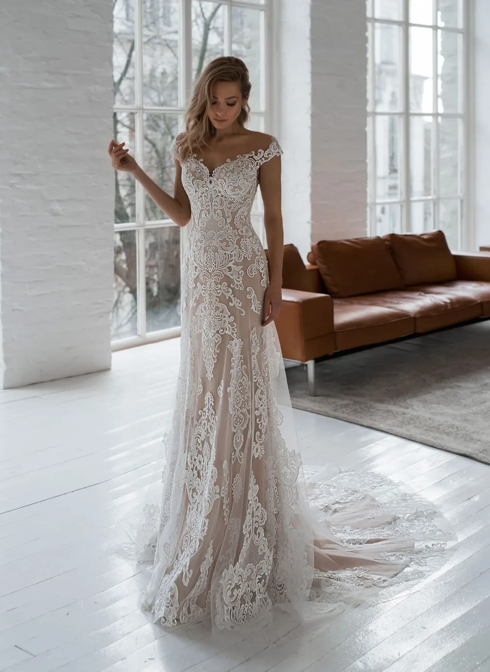 Шампанское Кружевные свадебные платья русалки, кружевной воротник Sheer Jewel, Классические свадебные платья, свадебные платья - Цвет: Шампанское