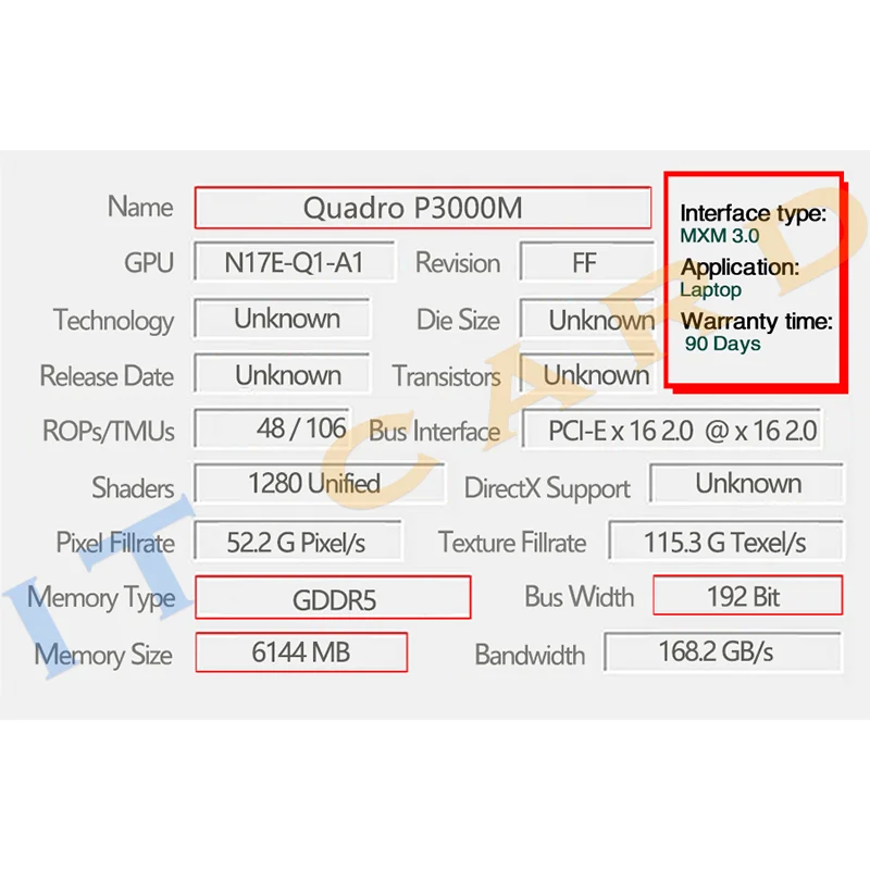 Quadro P3000M P3000 GDDR5 6GB Video Graphics Card