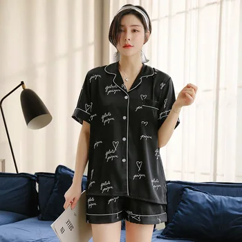 

Pajamas Female Summer Ice Silk Short-sleeved Suit Fashion Letter Printing Thin Silk Home Clothes Sets Summer Wear Pijama Verano