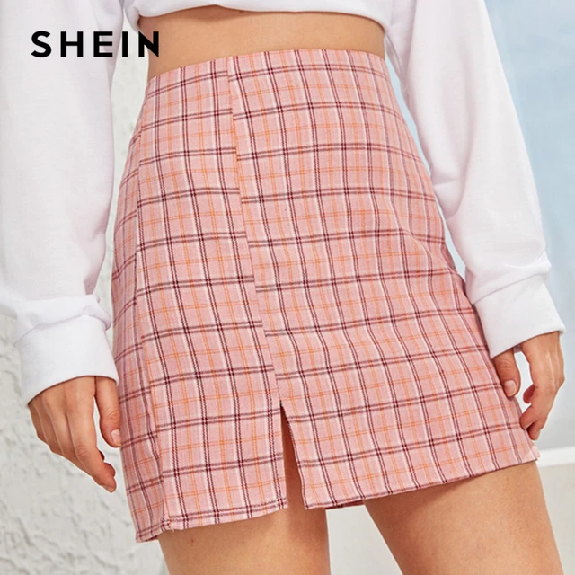 US $10.00 SHEIN Plaid Side Slit Bodycon Mini Skirt Women Bottoms 2019 Autumn Streetwear Casual A Line Basic L
