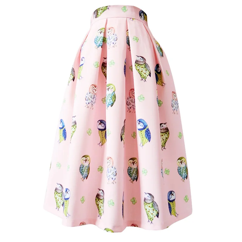 

Spring Fall Winter Women Printing Birds Pink Color A-line Middle Long Skirt Free Shipping XHSD-3394