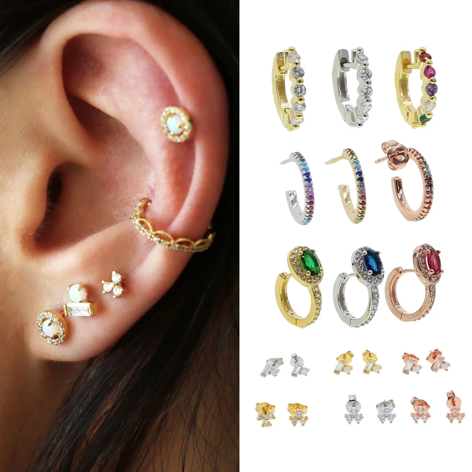 Minimalist Small Cute Luxury rainbow CZ Earrings for Women female delicate stacking stack mini zircon Fashion Jewelry earrings | Украшения