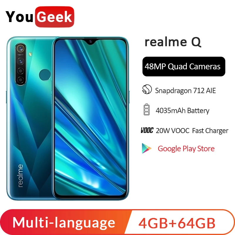 

realme Q 6GB RAM 64GB ROM 6.3'' Moblie Phone Snapdragon 712AIE Octa Core 48MP Quad Camera Cellphone OPPO VOOC 20W Fast Charger
