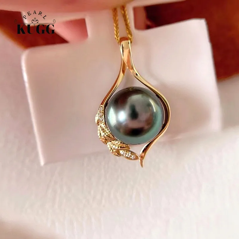 KUGG PEARL Solid 18K Yellow Gold Necklace 10-11mm Natural Tahiti Black Pearl Jewelry Real Diamond Necklace for Women Customize bernstein trouble in tahiti