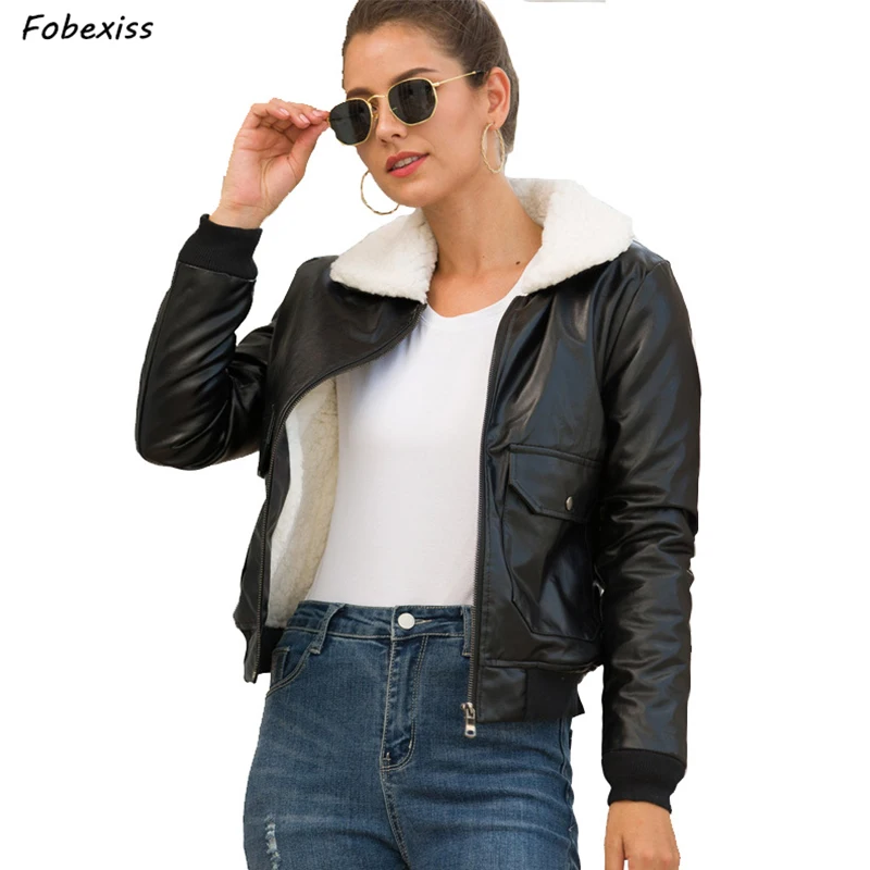 

Motor Biker Leather Jacket Women Fur Lined Black Faux Leather Jacket Soft Short Turn Down Pilot Jacket Winter 2019 Jacket Women