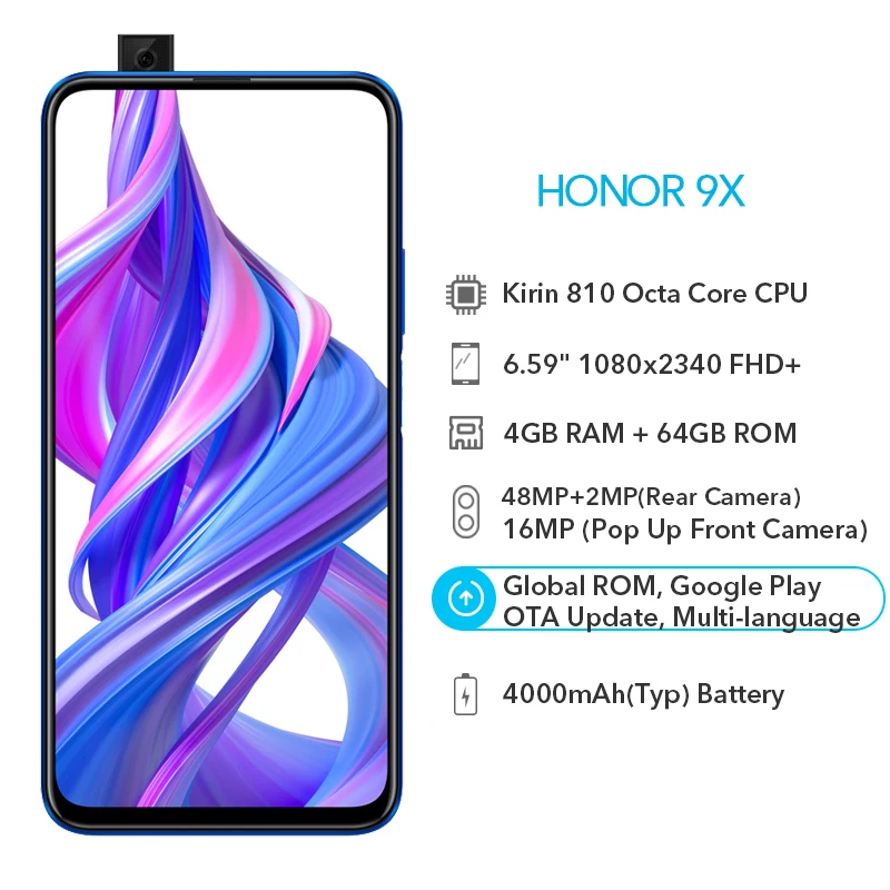 Honor 9X9X4 ГБ, 64 ГБ, Восьмиядерный процессор Kirin 810, 48 МП, двойная камера, 6,59 дюйма, 16 МП, фронтальная камера, 4000 мАч, аккумулятор, мобильный телефон