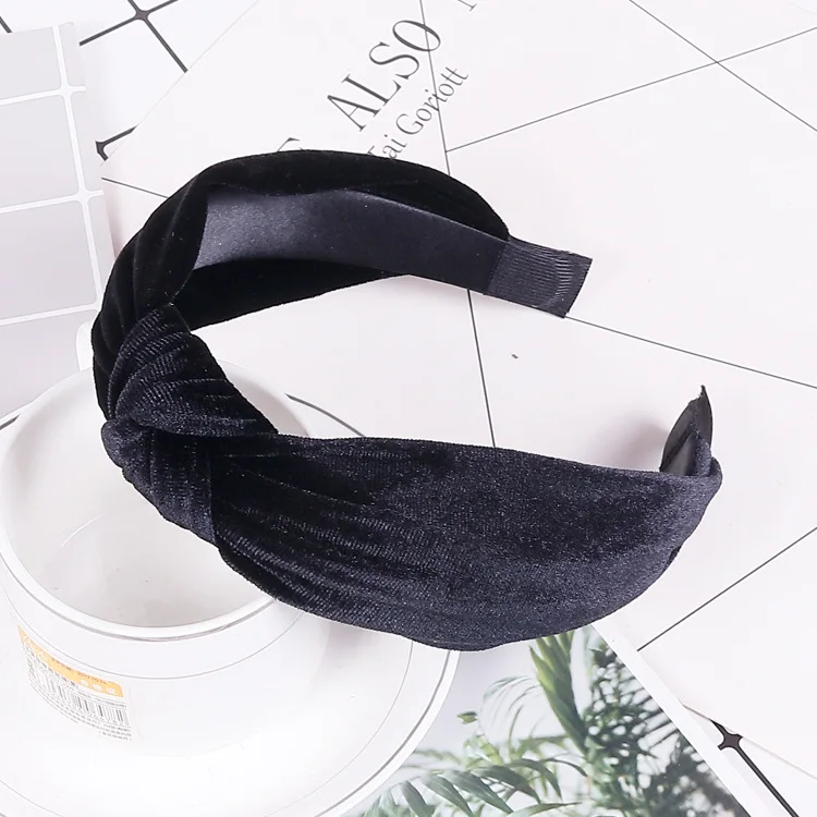Korean-style Hair Accessories Solid Color Gold Velvet Elasticity Fleece Large Rims Headband Head Buckle Knot Hair Bands Women's