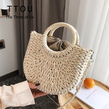 

Vintage Long Strap Beach Rattan Women Circular Bag Straw Bag Hand Made Famous Brand Designer Female Handbags Weaving Wicker Bag