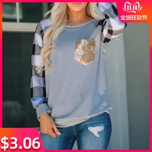 Женская весенне-осенняя футболка с карманами, с круглым вырезом, с длинными рукавами, в клетку, с принтом, с блестками, комбинированные топы, женская рубашка, рубашка большого размера, Feminina