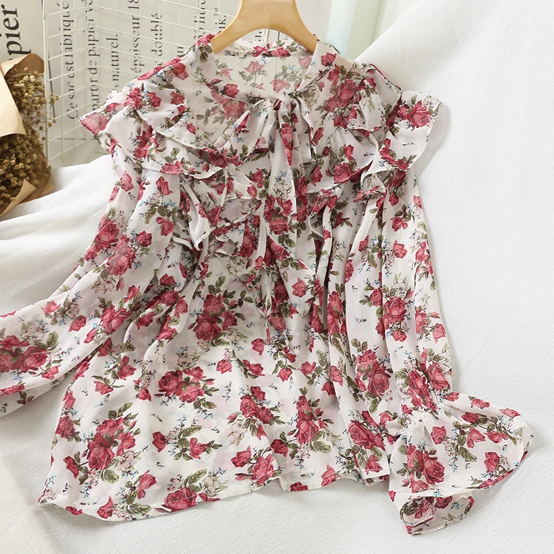 style 4 Blusa feminina милая блузка Лолита Женская осенне-Весенняя Винтаж в японском стиле с длинными рукавами и бантом, плиссированные рубашки топы с принтом - Цвет: style 4