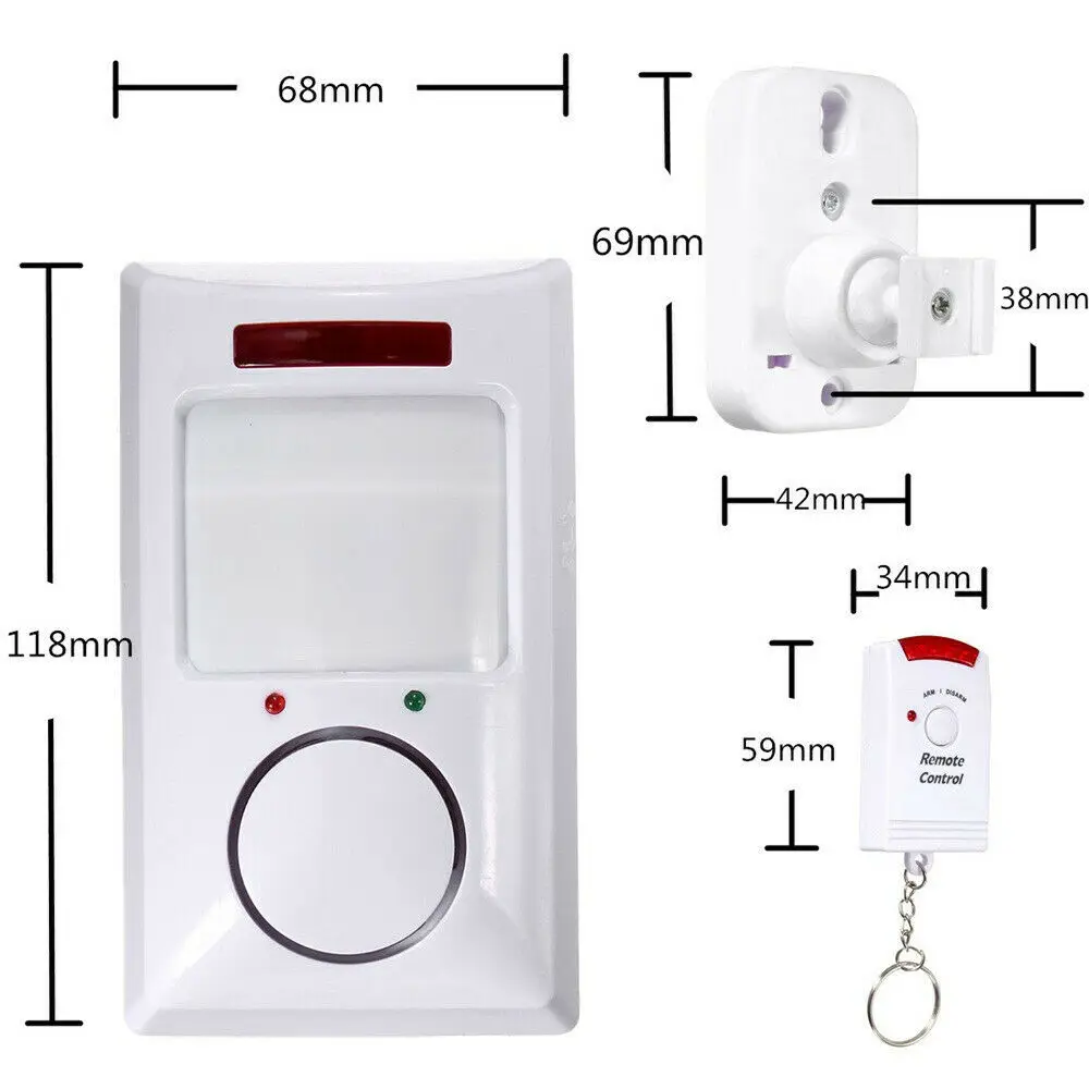 Wireless Pir Motion Sensor Alarm+ 2 Remote Controls for Home Garage Shed Caravan white