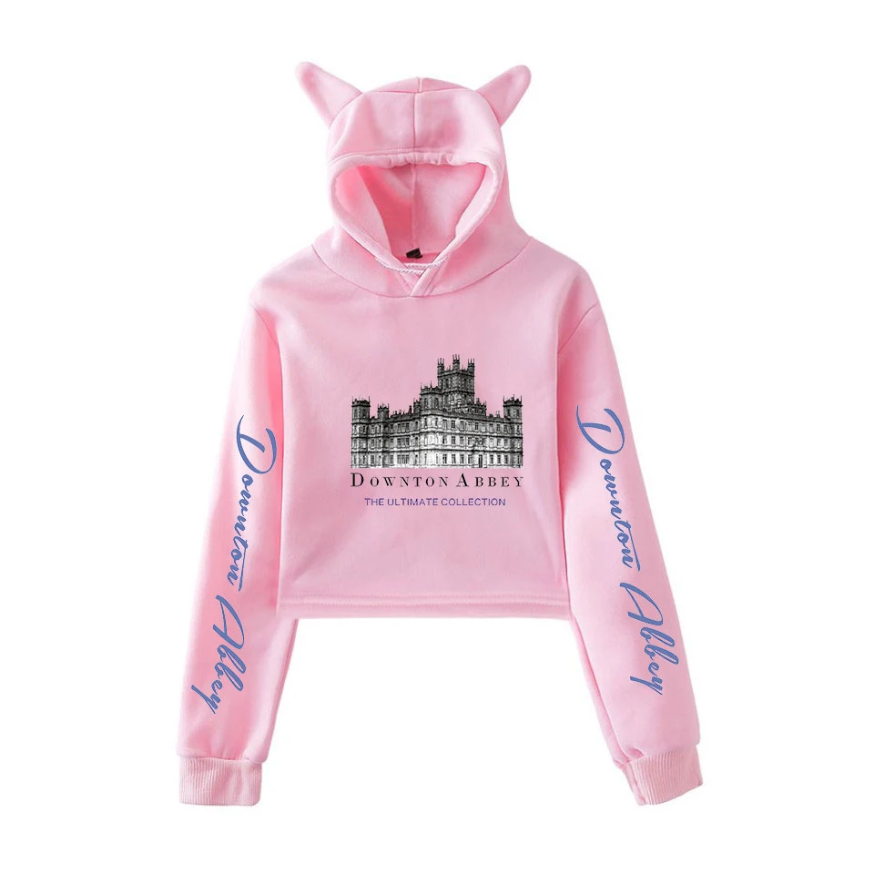 short Sweatshirt Cat ears Harajuku shoulder-off Fashion short Downton Abbey print sexy kpop crop hoodies for women korean