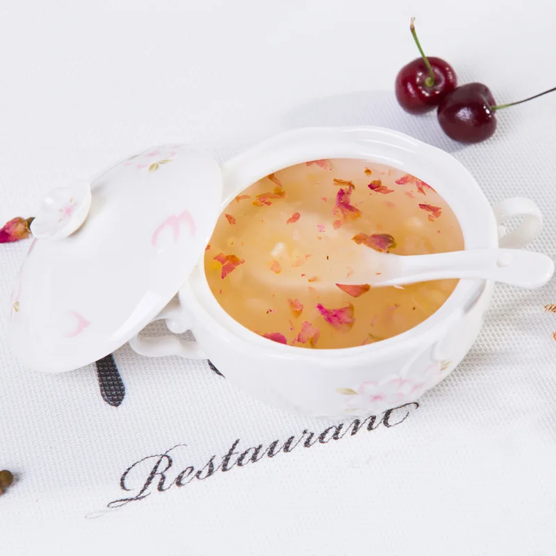 

7-Inch Ceramic Large Soup Bowl with Lid Dual Handle Heat Resistant Pot Stew Pot Hotel Cup Tureen Set Manufacturers Direct Sellin