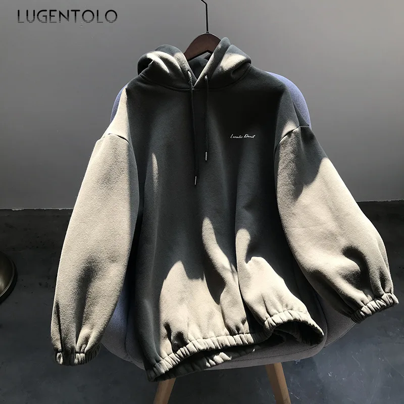 Lugentolo, Женская толстовка, зимняя толстовка, Корейская, ленивая, одноцветная, повседневная, утолщенная, теплая, с длинным рукавом, модная, простая, толстовки