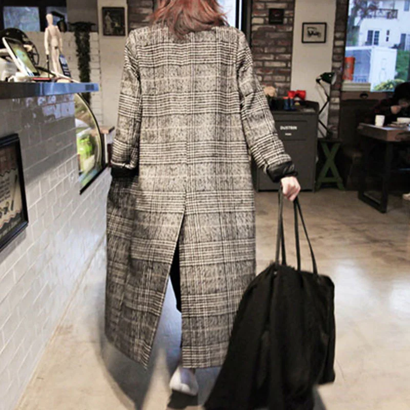 Ins Мода Зима Осень женское серое офисное женское длинное пальто в елочку свободное негабаритное шерстяное повседневное Теплое повседневное пальто