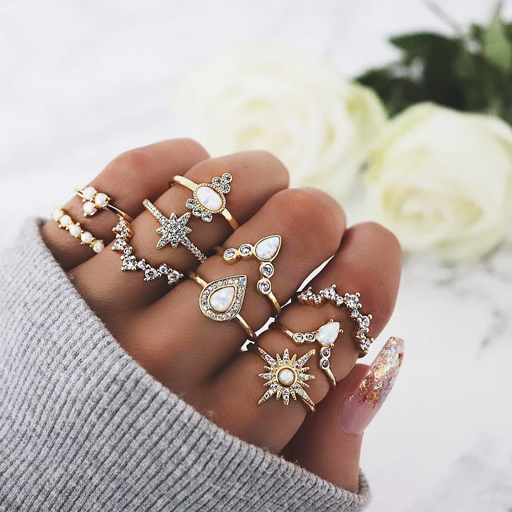 

10Pcs Boho Star Opal Crown Finger Ring Set Vintage Charm Alloy Knuckle Joint Rings Lot Women Lady Jewelry 2019 New Fashion