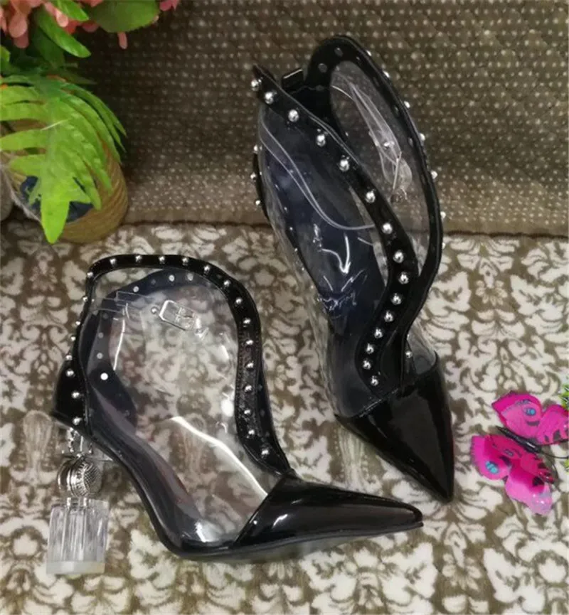 Г., прозрачные ПВХ ботильоны женские пикантные короткие ботиночки на необычном каблуке, с острым носком, с пряжкой, украшенные стразами - Цвет: Black