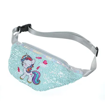 

Cartoon Unicorn Waist Bag PU Leather Lovely for girl Sequins Print Fashion Pink Fanny Pack Children'sShoulder Belt Bags
