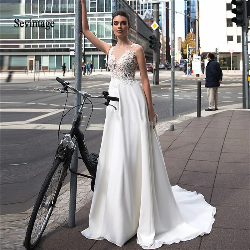 

Sevintage Vestido De Festa Boho Wedding Dress Sheer Scoop Lace Appliques Chiffon Bridal Gowns Open Back Bride Dress with Veil