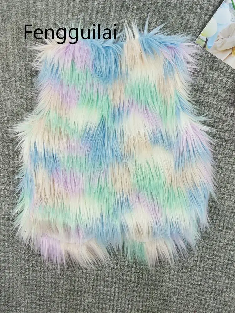 Women's Vest Large Size Faux Fur Coat Artificial Fur Rainbow Women's Fur Coat Vest For Women Ice Cream Color Sleeveless Jacket
