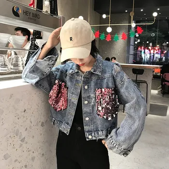 

Women Solid Blue Long Sleeve Lapel Collar Sequin Jacket Loose Casual Short Denim Coat Tops