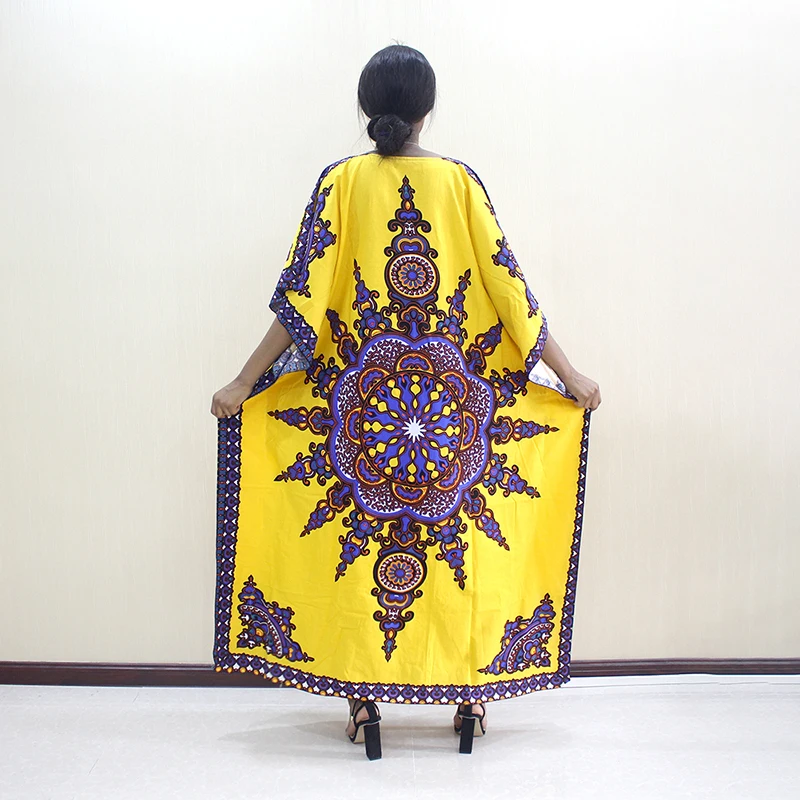 Newest Arrivals Fashion African Dashiki Pattern Printed O-Neck Batwing Sleeve Yellow Pure Cotton Long Dresses For Women