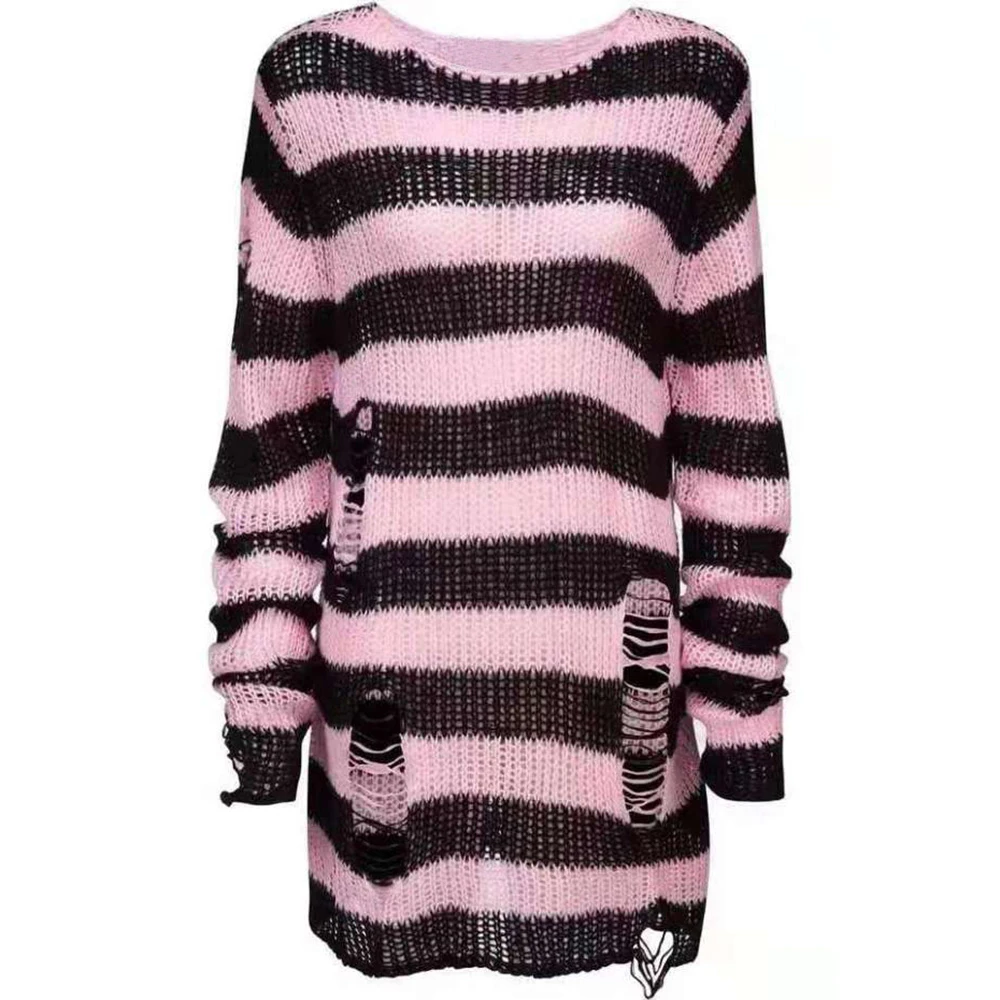 Women Sweater Gothic Knitted Sweater Women Long Pullovers Striped Loose Winter Ripped Plus Size Sweaters Jumpers Mujer jersey