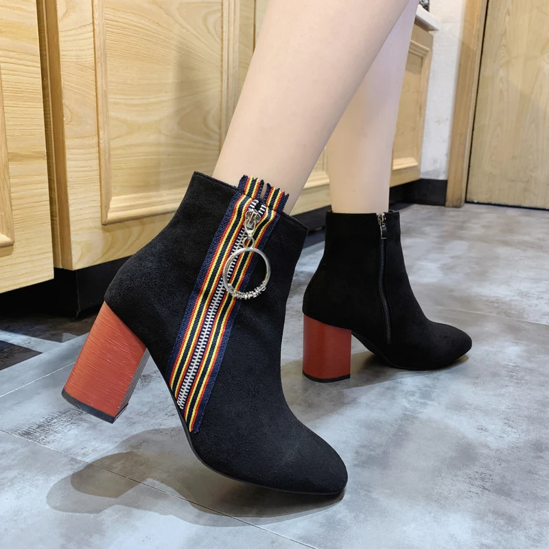 

Women Winter Flock Short Plush Block Square High Heels Zipper Warm Ankle Boots Snow Boots Round Toe Patchwork Black Female Shoes