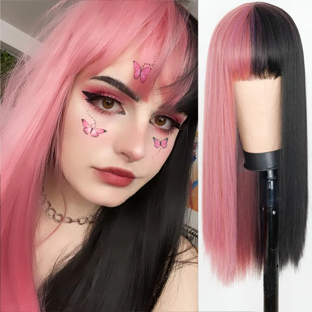 Lolita Half Black Half Pink For Women Blue Red Black Blonde Halloween Cosplay Wigs With Bangs High Temperature Synthetic Fiber Synthetic None Lace Wigs Aliexpress