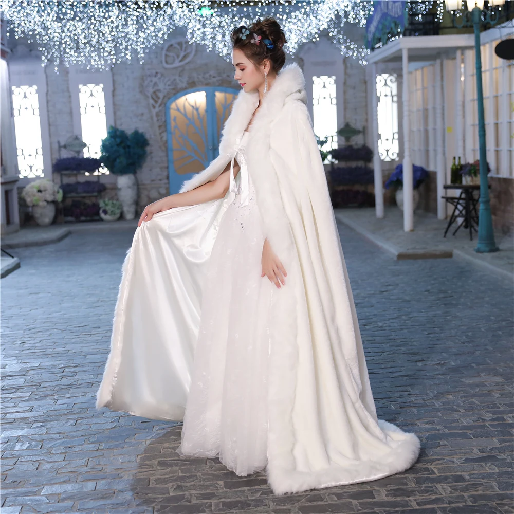 Winter Princess Cloak Hooded Faux Fur White Bridal Wedding Long Cape Floor Warm Fur Women Jacket Cloaks for Halloween Handmade