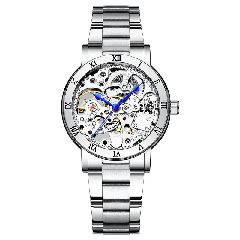 Черный Модный женский механический каркас часов Дизайн Топ бренд класса люкс полный стальной водонепроницаемый женские Автоматические часы Montre Femme - Цвет: silver white