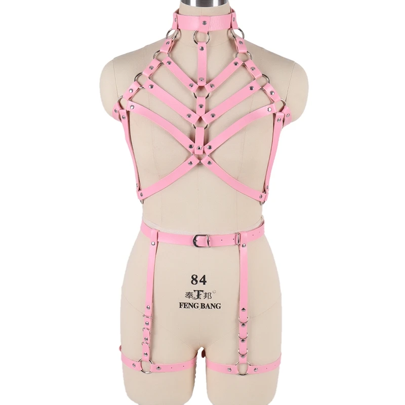 Розовый кожаный комплект с ремнем для связывания, бюстгальтер с вырезом, сексуальное женское белье, Harajuku Готический регулируемый бюстгальтер, Клубные вечерние фестивальный рейв для танцев