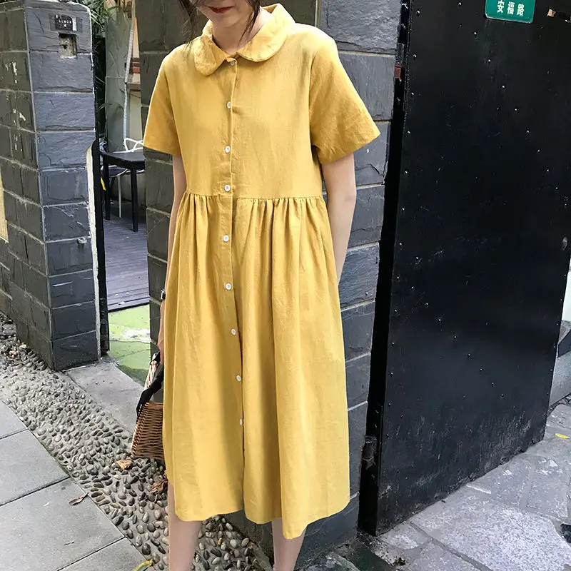 Short Sleeve Dress Women Friends Solid A-Line All-match Vintage Stylish Kawaii Simple Vestidos Daily Summer Single Breasted 2021 a line dress Dresses