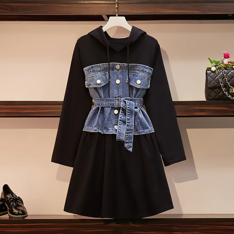 

Plus Size L-4XL Spring Autumn Hooded Denim Patchwork Dress 2019 New Women Summer High Waist Casual Loose Oversize Dresses L3616