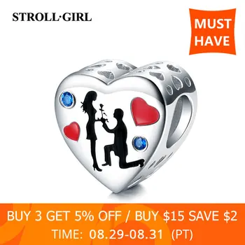 

100% 925 Sterling Silver Romantic Man proposes to woman Bead Heart Red Enamel Blue CZ Charm Fit European Bracelet Gift